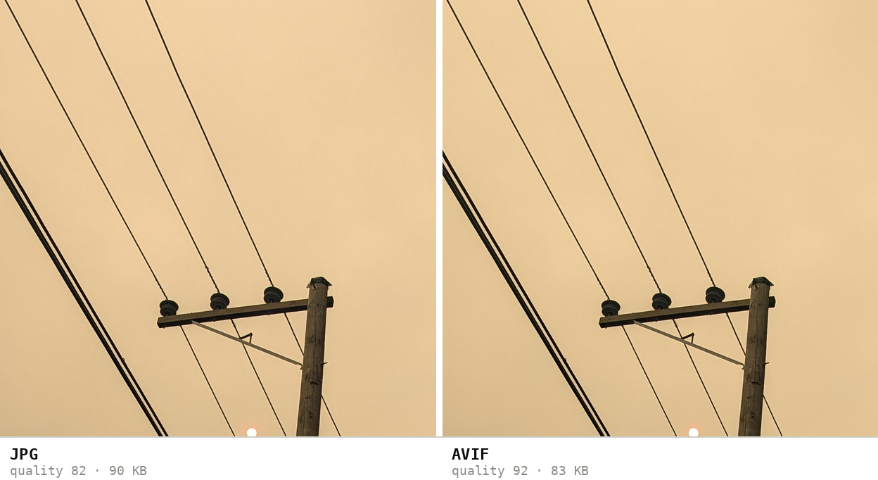 The same crop encoded to the same file size: JPG at quality 82 (90 KB) and AVIF at quality 92 (83 KB)