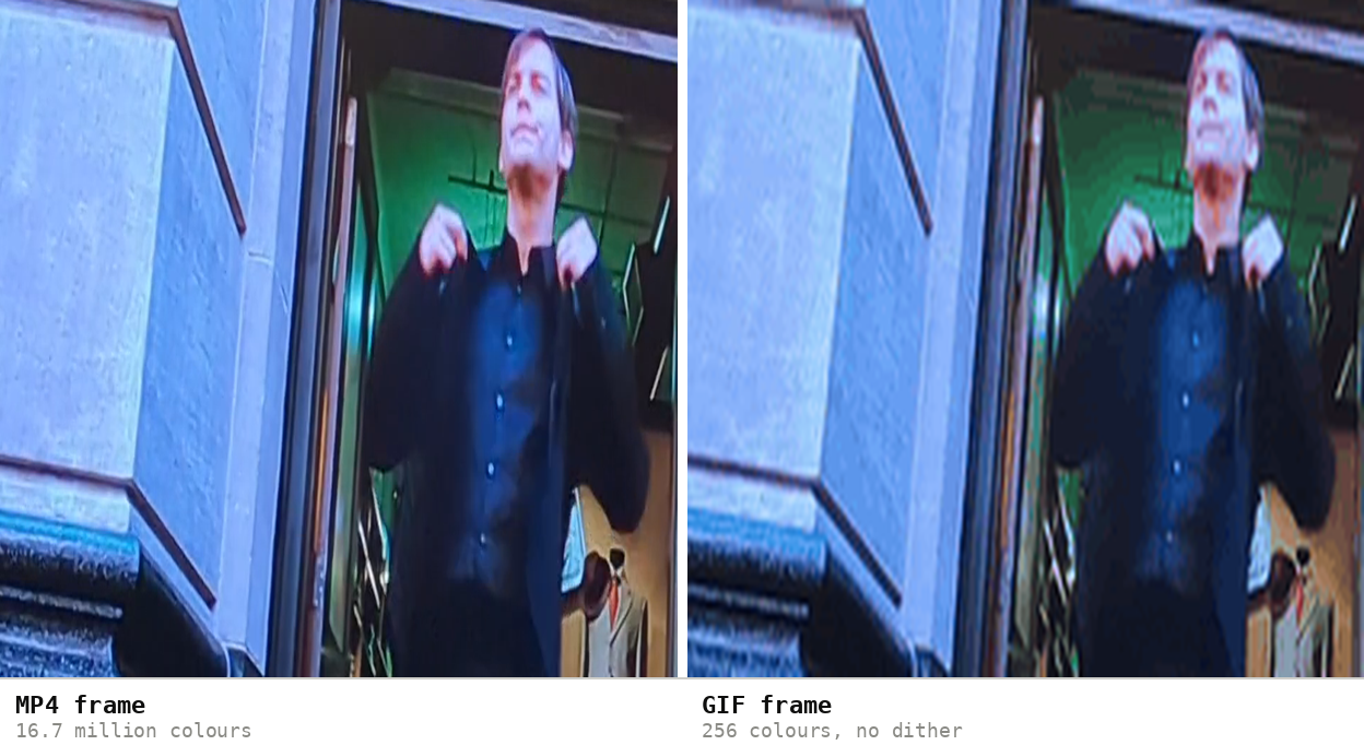 One frame of the source video against the same frame reduced to a 256-colour GIF palette