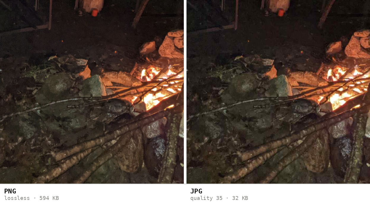 A dark crop kept lossless as PNG, and the same crop at JPG quality 35