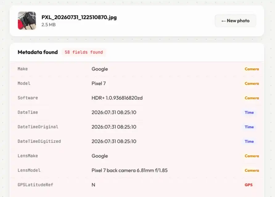The Filesmith EXIF tool listing metadata from a phone photo: 58 fields found, including camera make and model, three separate timestamps, lens details and GPS coordinates