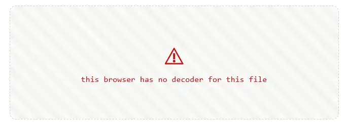 A desktop browser refusing to display a HEIC file, reporting that it has no decoder for the format, with the file name and size shown above