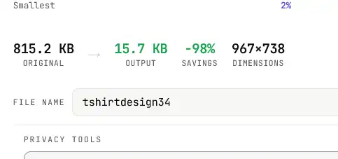 The Filesmith converter result panel showing an 815.2 KB original becoming a 15.7 KB output, a 98 percent saving, at 967 by 738 pixels