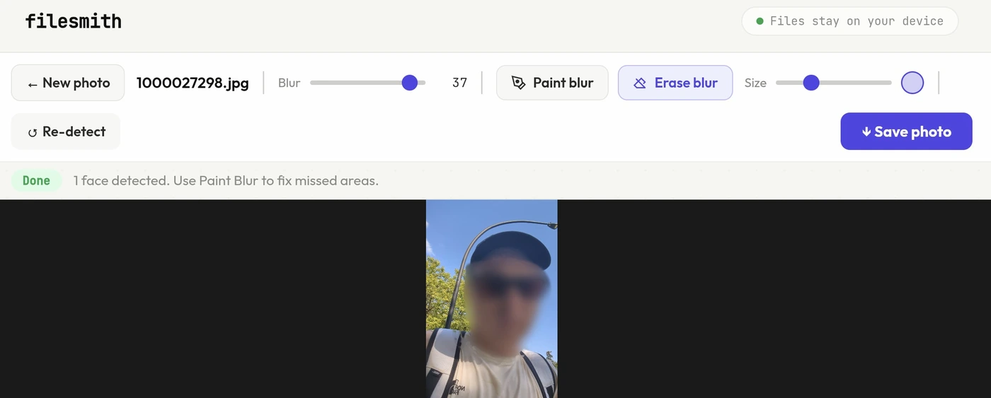 The Filesmith face blur tool with a photo loaded, one face automatically detected and blurred, and the blur strength slider set to 37