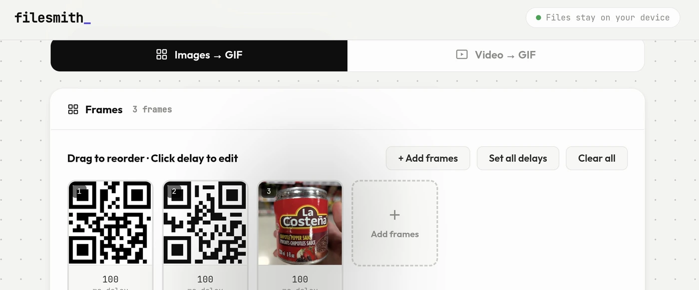 The Filesmith GIF maker in images mode with three frames loaded, each showing an editable per-frame delay of 100 milliseconds