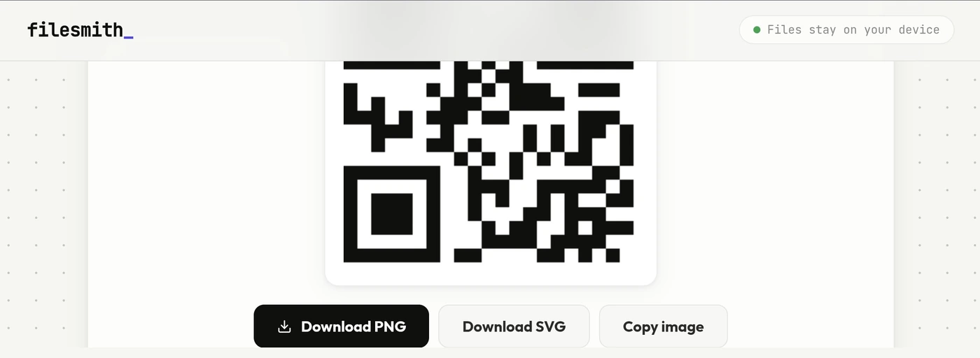 The Filesmith QR code generator showing a generated code with PNG, SVG and copy-image download options